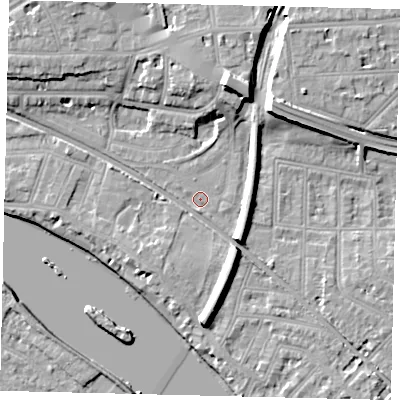 Shaded relief map of the ground around W43DG, computed from Environment Agency LiDAR. The ground here sits at about 5 m above sea level and falls 13 m across the surrounding 800 m. Surface water reaching this point runs off ground lying to the north-north-east, 10.2 m higher.
