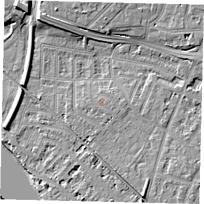 Shaded relief map of the ground around W43DP, computed from Environment Agency LiDAR. The ground here sits at about 6 m above sea level and falls 13 m across the surrounding 800 m. Surface water reaching this point runs off ground lying to the east-south-east, 0.6 m higher.