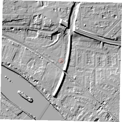 Shaded relief map of the ground around W43DQ, computed from Environment Agency LiDAR. The ground here sits at about 5 m above sea level and falls 13 m across the surrounding 800 m. Surface water reaching this point runs off ground lying to the north, 10.2 m higher.