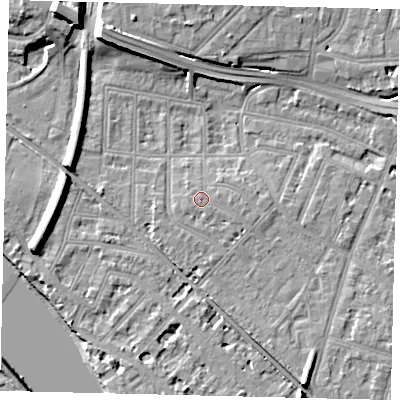 Shaded relief map of the ground around W43DR, computed from Environment Agency LiDAR. The ground here sits at about 6 m above sea level and falls 13 m across the surrounding 800 m. Surface water reaching this point runs off ground lying to the east, 0.7 m higher.