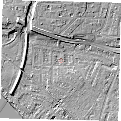 Shaded relief map of the ground around W43DS, computed from Environment Agency LiDAR. The ground here sits at about 4 m above sea level and falls 13 m across the surrounding 800 m. Surface water reaching this point runs off ground lying to the south-south-west, 3.1 m higher.