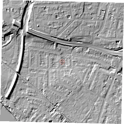 Shaded relief map of the ground around W43DT, computed from Environment Agency LiDAR. The ground here sits at about 4 m above sea level and falls 13 m across the surrounding 800 m. Surface water reaching this point runs off ground lying to the south-west, 3.0 m higher.