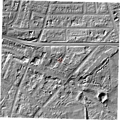 Shaded relief map of the ground around W43DX, computed from Environment Agency LiDAR. The ground here sits at about 6 m above sea level and falls 7 m across the surrounding 800 m. Surface water reaching this point runs off ground lying to the east-north-east, 1.7 m higher.
