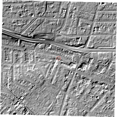 Shaded relief map of the ground around W43DY, computed from Environment Agency LiDAR. The ground here sits at about 4 m above sea level and falls 10 m across the surrounding 800 m. Surface water reaching this point runs off ground lying to the south-south-east, 3.5 m higher.