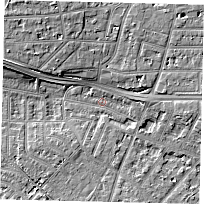 Shaded relief map of the ground around W43DZ, computed from Environment Agency LiDAR. The ground here sits at about 4 m above sea level and falls 11 m across the surrounding 800 m. Surface water reaching this point runs off ground lying to the south-south-east, 3.5 m higher.