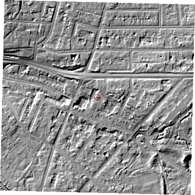 Shaded relief map of the ground around W43EB, computed from Environment Agency LiDAR. The ground here sits at about 6 m above sea level and falls 8 m across the surrounding 800 m. Surface water reaching this point runs off ground lying to the north-north-east, 3.4 m higher.