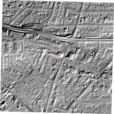 Shaded relief map of the ground around W43EE, computed from Environment Agency LiDAR. The ground here sits at about 4 m above sea level and falls 9 m across the surrounding 800 m. Surface water reaching this point runs off ground lying to the south, 3.7 m higher.