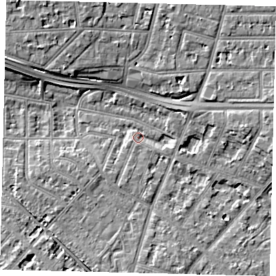 Shaded relief map of the ground around W43EF, computed from Environment Agency LiDAR. The ground here sits at about 5 m above sea level and falls 10 m across the surrounding 800 m. Surface water reaching this point runs off ground lying to the south-south-east, 3.7 m higher.