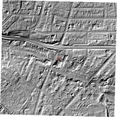 Shaded relief map of the ground around W43EG, computed from Environment Agency LiDAR. The ground here sits at about 5 m above sea level and falls 8 m across the surrounding 800 m. Surface water reaching this point runs off ground lying to the north, 3.2 m higher.