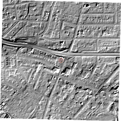 Shaded relief map of the ground around W43EJ, computed from Environment Agency LiDAR. The ground here sits at about 5 m above sea level and falls 9 m across the surrounding 800 m. Surface water reaching this point runs off ground lying to the north-east, 2.9 m higher.