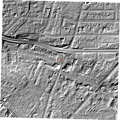 Shaded relief map of the ground around W43EN, computed from Environment Agency LiDAR. The ground here sits at about 5 m above sea level and falls 9 m across the surrounding 800 m. Surface water reaching this point runs off ground lying to the south, 3.0 m higher.