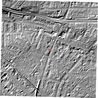 Shaded relief map of the ground around W43EQ, computed from Environment Agency LiDAR. The ground here sits at about 6 m above sea level and falls 9 m across the surrounding 800 m. Surface water reaching this point runs off ground lying to the south-south-west, 1.3 m higher.