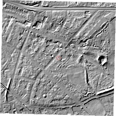 Shaded relief map of the ground around W43ER, computed from Environment Agency LiDAR. The ground here sits at about 5 m above sea level and falls 9 m across the surrounding 800 m. Surface water reaching this point runs off ground lying to the south-west, 5.5 m higher.