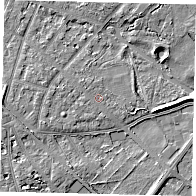 Shaded relief map of the ground around W43ES, computed from Environment Agency LiDAR. The ground here sits at about 6 m above sea level and falls 9 m across the surrounding 800 m. Surface water reaching this point runs off ground lying to the west-south-west, 1.6 m higher.