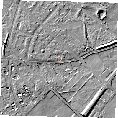 Shaded relief map of the ground around W43ET, computed from Environment Agency LiDAR. The ground here sits at about 6 m above sea level and falls 10 m across the surrounding 800 m. Surface water reaching this point runs off ground lying to the west-north-west, 1.4 m higher.