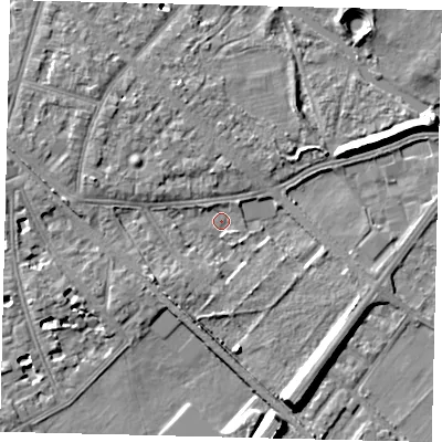 Shaded relief map of the ground around W43EU, computed from Environment Agency LiDAR. The ground here sits at about 4 m above sea level and falls 10 m across the surrounding 800 m. Surface water reaching this point runs off ground lying to the south-west, 3.5 m higher.