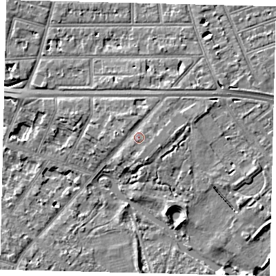 Shaded relief map of the ground around W43EY, computed from Environment Agency LiDAR. The ground here sits at about 8 m above sea level and falls 7 m across the surrounding 800 m. Surface water reaching this point runs off ground lying to the east, 0.9 m higher.