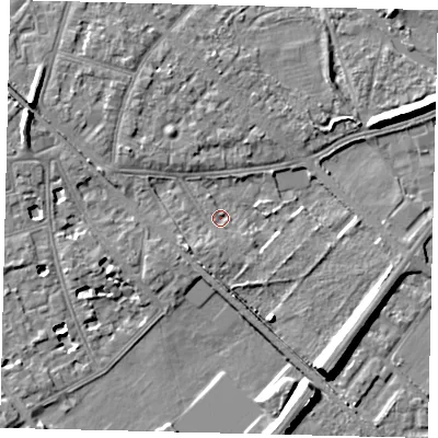 Shaded relief map of the ground around W43HA, computed from Environment Agency LiDAR. The ground here sits at about 5 m above sea level and falls 9 m across the surrounding 800 m. Surface water reaching this point runs off ground lying to the west-north-west, 6.7 m higher.
