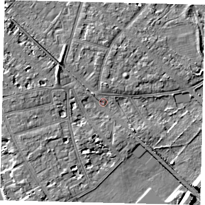 Shaded relief map of the ground around W43HB, computed from Environment Agency LiDAR. The ground here sits at about 5 m above sea level and falls 10 m across the surrounding 800 m. Surface water reaching this point runs off ground lying to the north-west, 5.5 m higher.