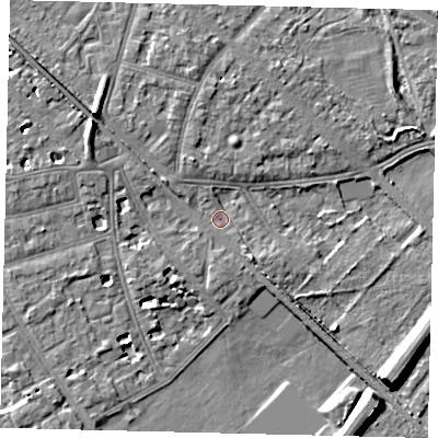 Shaded relief map of the ground around W43HF, computed from Environment Agency LiDAR. The ground here sits at about 5 m above sea level and falls 9 m across the surrounding 800 m. Surface water reaching this point runs off ground lying to the north-west, 6.7 m higher.