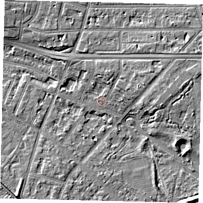 Shaded relief map of the ground around W43HG, computed from Environment Agency LiDAR. The ground here sits at about 5 m above sea level and falls 9 m across the surrounding 800 m. Surface water reaching this point runs off ground lying to the north-north-east, 4.4 m higher.