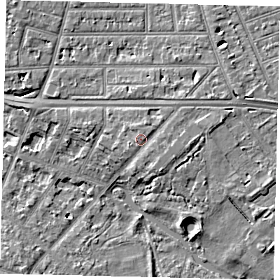 Shaded relief map of the ground around W43HH, computed from Environment Agency LiDAR. The ground here sits at about 8 m above sea level and falls 7 m across the surrounding 800 m. Surface water reaching this point runs off ground lying to the east-south-east, 1.0 m higher.
