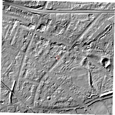 Shaded relief map of the ground around W43HL, computed from Environment Agency LiDAR. The ground here sits at about 5 m above sea level and falls 9 m across the surrounding 800 m. Surface water reaching this point runs off ground lying to the south-west, 5.5 m higher.