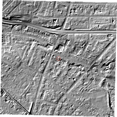 Shaded relief map of the ground around W43HQ, computed from Environment Agency LiDAR. The ground here sits at about 5 m above sea level and falls 9 m across the surrounding 800 m. Surface water reaching this point runs off ground lying to the south, 2.5 m higher.