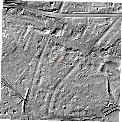 Shaded relief map of the ground around W43HY, computed from Environment Agency LiDAR. The ground here sits at about 5 m above sea level and falls 9 m across the surrounding 800 m. Surface water reaching this point runs off ground lying to the south-south-west, 1.1 m higher.