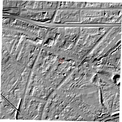 Shaded relief map of the ground around W43HZ, computed from Environment Agency LiDAR. The ground here sits at about 4 m above sea level and falls 9 m across the surrounding 800 m. Surface water reaching this point runs off ground lying to the west-south-west, 3.7 m higher.