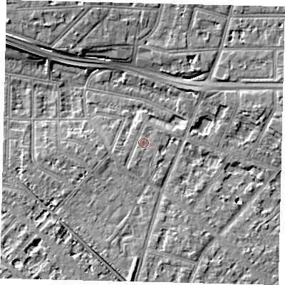 Shaded relief map of the ground around W43JA, computed from Environment Agency LiDAR. The ground here sits at about 6 m above sea level and falls 10 m across the surrounding 800 m. Surface water reaching this point runs off ground lying to the south-south-west, 1.0 m higher.