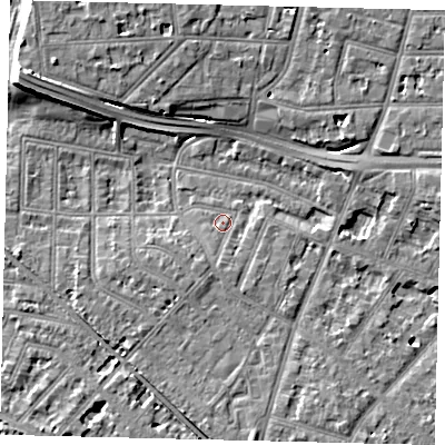 Shaded relief map of the ground around W43JB, computed from Environment Agency LiDAR. The ground here sits at about 5 m above sea level and falls 12 m across the surrounding 800 m. Surface water reaching this point runs off ground lying to the south-south-east, 3.7 m higher.
