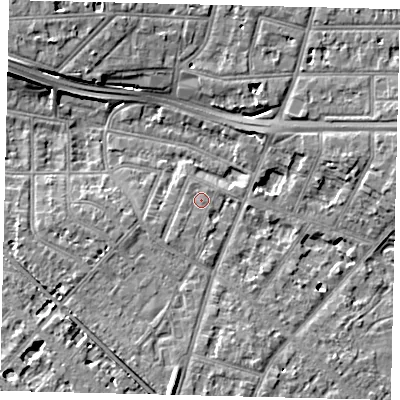 Shaded relief map of the ground around W43JF, computed from Environment Agency LiDAR. The ground here sits at about 5 m above sea level and falls 9 m across the surrounding 800 m. Surface water reaching this point runs off ground lying to the south-west, 1.1 m higher.