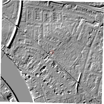 Shaded relief map of the ground around W43JL, computed from Environment Agency LiDAR. The ground here sits at about 6 m above sea level and falls 11 m across the surrounding 800 m. Surface water reaching this point runs off ground lying to the south-east, 5.7 m higher.