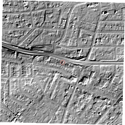 Shaded relief map of the ground around W43JP, computed from Environment Agency LiDAR. The ground here sits at about 5 m above sea level and falls 9 m across the surrounding 800 m. Surface water reaching this point runs off ground lying to the east, 3.4 m higher.