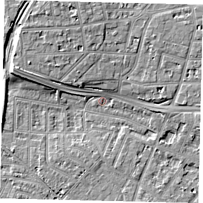 Shaded relief map of the ground around W43JR, computed from Environment Agency LiDAR. The ground here sits at about 5 m above sea level and falls 12 m across the surrounding 800 m. Surface water reaching this point runs off ground lying to the west-north-west, 10.0 m higher.