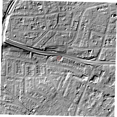 Shaded relief map of the ground around W43JS, computed from Environment Agency LiDAR. The ground here sits at about 4 m above sea level and falls 12 m across the surrounding 800 m. Surface water reaching this point runs off ground lying to the west-north-west, 10.0 m higher.