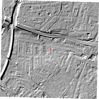 Shaded relief map of the ground around W43JT, computed from Environment Agency LiDAR. The ground here sits at about 4 m above sea level and falls 13 m across the surrounding 800 m. Surface water reaching this point runs off ground lying to the south, 2.8 m higher.