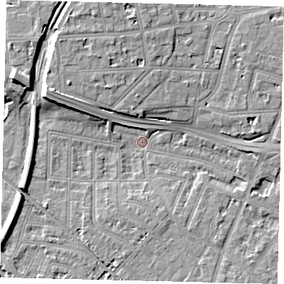 Shaded relief map of the ground around W43JW, computed from Environment Agency LiDAR. The ground here sits at about 4 m above sea level and falls 12 m across the surrounding 800 m. Surface water reaching this point runs off ground lying to the west-north-west, 9.9 m higher.