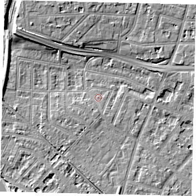 Shaded relief map of the ground around W43JY, computed from Environment Agency LiDAR. The ground here sits at about 5 m above sea level and falls 12 m across the surrounding 800 m. Surface water reaching this point runs off ground lying to the south-south-east, 1.9 m higher.