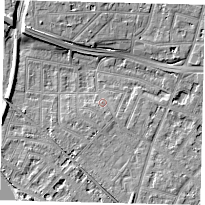 Shaded relief map of the ground around W43JZ, computed from Environment Agency LiDAR. The ground here sits at about 5 m above sea level and falls 13 m across the surrounding 800 m. Surface water reaching this point runs off ground lying to the south-south-east, 1.7 m higher.