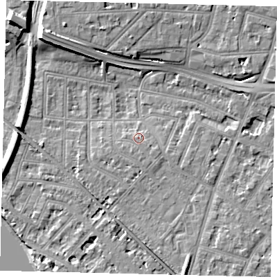 Shaded relief map of the ground around W43LH, computed from Environment Agency LiDAR. The ground here sits at about 6 m above sea level and falls 13 m across the surrounding 800 m. Surface water reaching this point runs off ground lying to the south-south-east, 0.7 m higher.