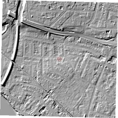 Shaded relief map of the ground around W43LJ, computed from Environment Agency LiDAR. The ground here sits at about 5 m above sea level and falls 13 m across the surrounding 800 m. Surface water reaching this point runs off ground lying to the south, 2.5 m higher.