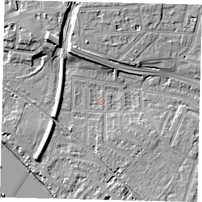 Shaded relief map of the ground around W43LL, computed from Environment Agency LiDAR. The ground here sits at about 4 m above sea level and falls 13 m across the surrounding 800 m. Surface water reaching this point runs off ground lying to the west-south-west, 6.0 m higher.