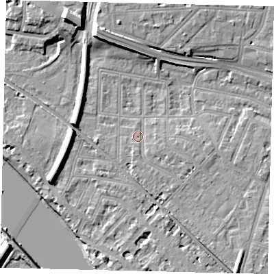 Shaded relief map of the ground around W43LN, computed from Environment Agency LiDAR. The ground here sits at about 5 m above sea level and falls 13 m across the surrounding 800 m. Surface water reaching this point runs off ground lying to the south-south-west, 1.7 m higher.