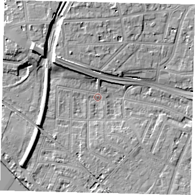 Shaded relief map of the ground around W43LP, computed from Environment Agency LiDAR. The ground here sits at about 4 m above sea level and falls 13 m across the surrounding 800 m. Surface water reaching this point runs off ground lying to the north-west, 9.7 m higher.