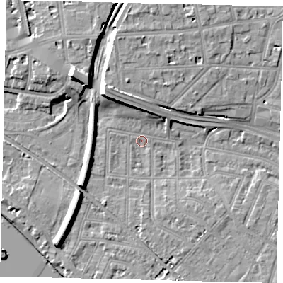 Shaded relief map of the ground around W43LR, computed from Environment Agency LiDAR. The ground here sits at about 4 m above sea level and falls 13 m across the surrounding 800 m. Surface water reaching this point runs off ground lying to the north-west, 9.2 m higher.