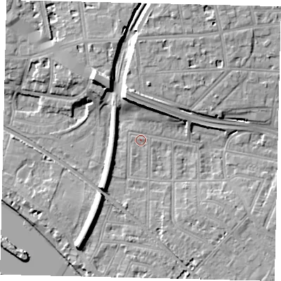 Shaded relief map of the ground around W43LS, computed from Environment Agency LiDAR. The ground here sits at about 5 m above sea level and falls 13 m across the surrounding 800 m. Surface water reaching this point runs off ground lying to the north-north-west, 9.2 m higher.