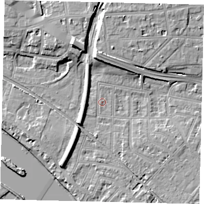 Shaded relief map of the ground around W43LT, computed from Environment Agency LiDAR. The ground here sits at about 5 m above sea level and falls 13 m across the surrounding 800 m. Surface water reaching this point runs off ground lying to the west, 0.8 m higher.