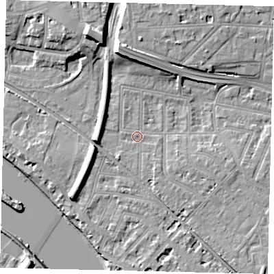 Shaded relief map of the ground around W43LU, computed from Environment Agency LiDAR. The ground here sits at about 5 m above sea level and falls 13 m across the surrounding 800 m. Surface water reaching this point runs off ground lying to the west, 5.5 m higher.